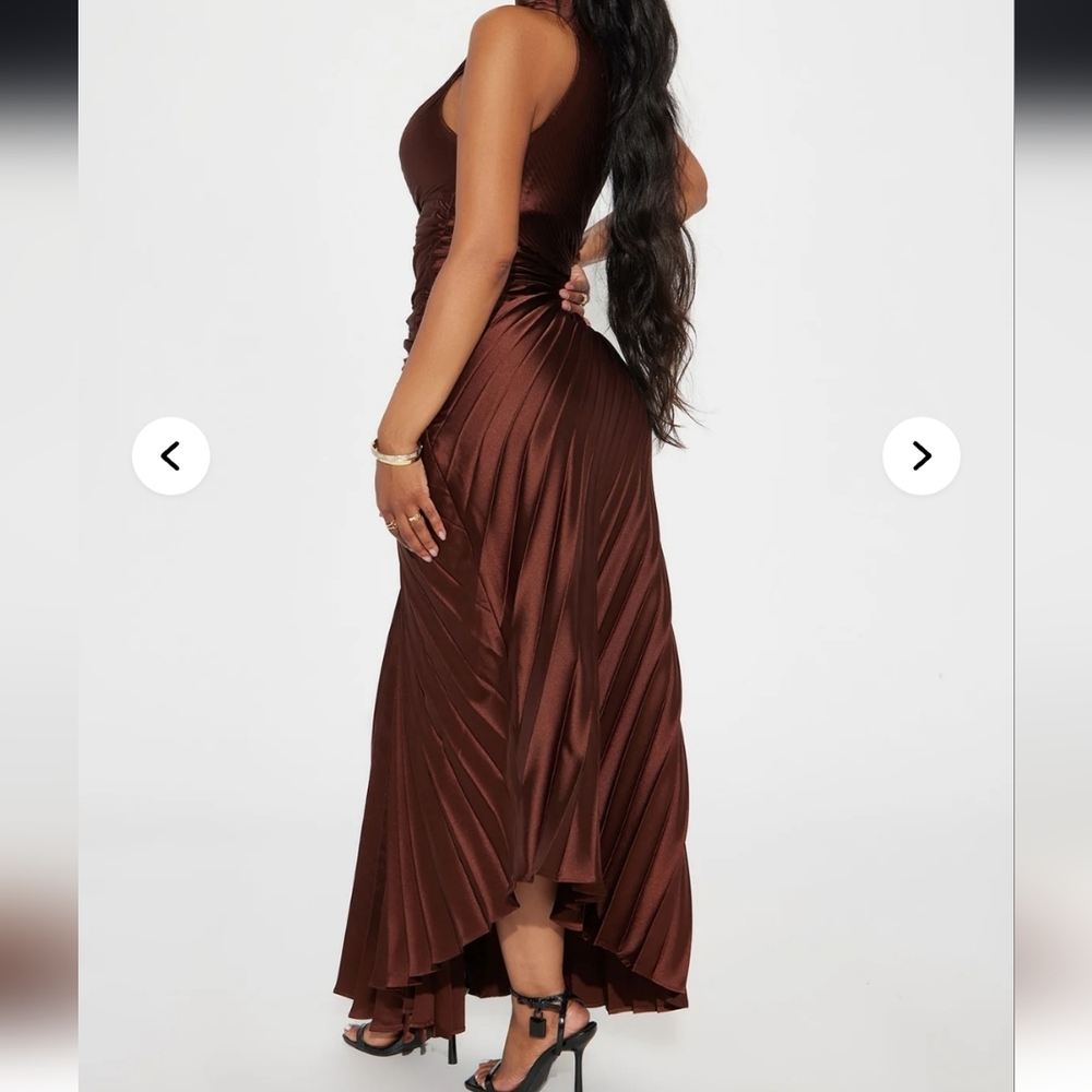 Fashion Nova One-Shoulder Pleated Gown in ChocolateBrown Style: Belle Satin Maxi - Picture 3 of 5